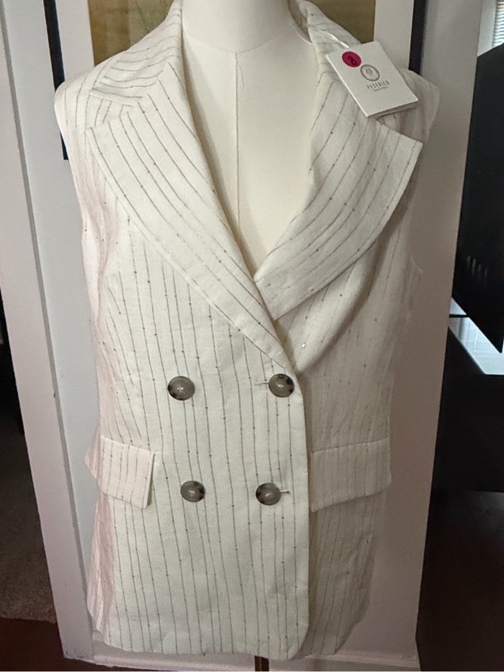 Peserico White Pinstripe Double-Breasted Sleeveless Blazer Vest